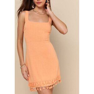 Lulus Dress Womens Medium Washed Orange Feel the Sunshine Tassel Mini Linen Boho